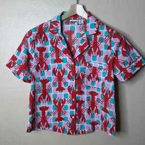 Bouffants & Broken Hearts Pajama Top Small Button Up Short Sleeve Lobsters Print